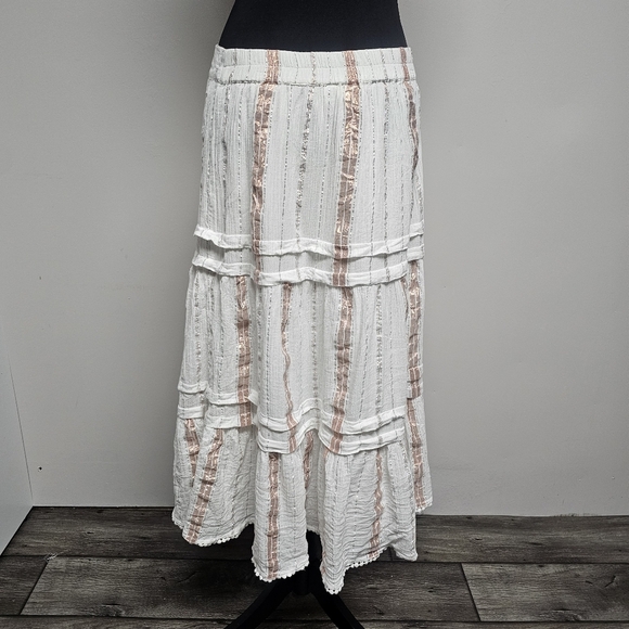 Versona White Rose Gold Stripe Tiered Flowy Boho Fringe Midi Skirt Summer - Picture 3 of 8